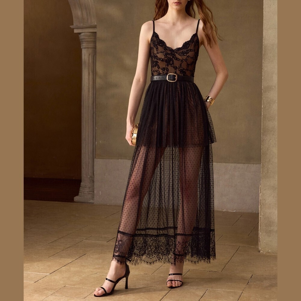 Black Floral Lace Bodice Sheer Polka Dot Mesh Spaghetti Strap Maxi Dress